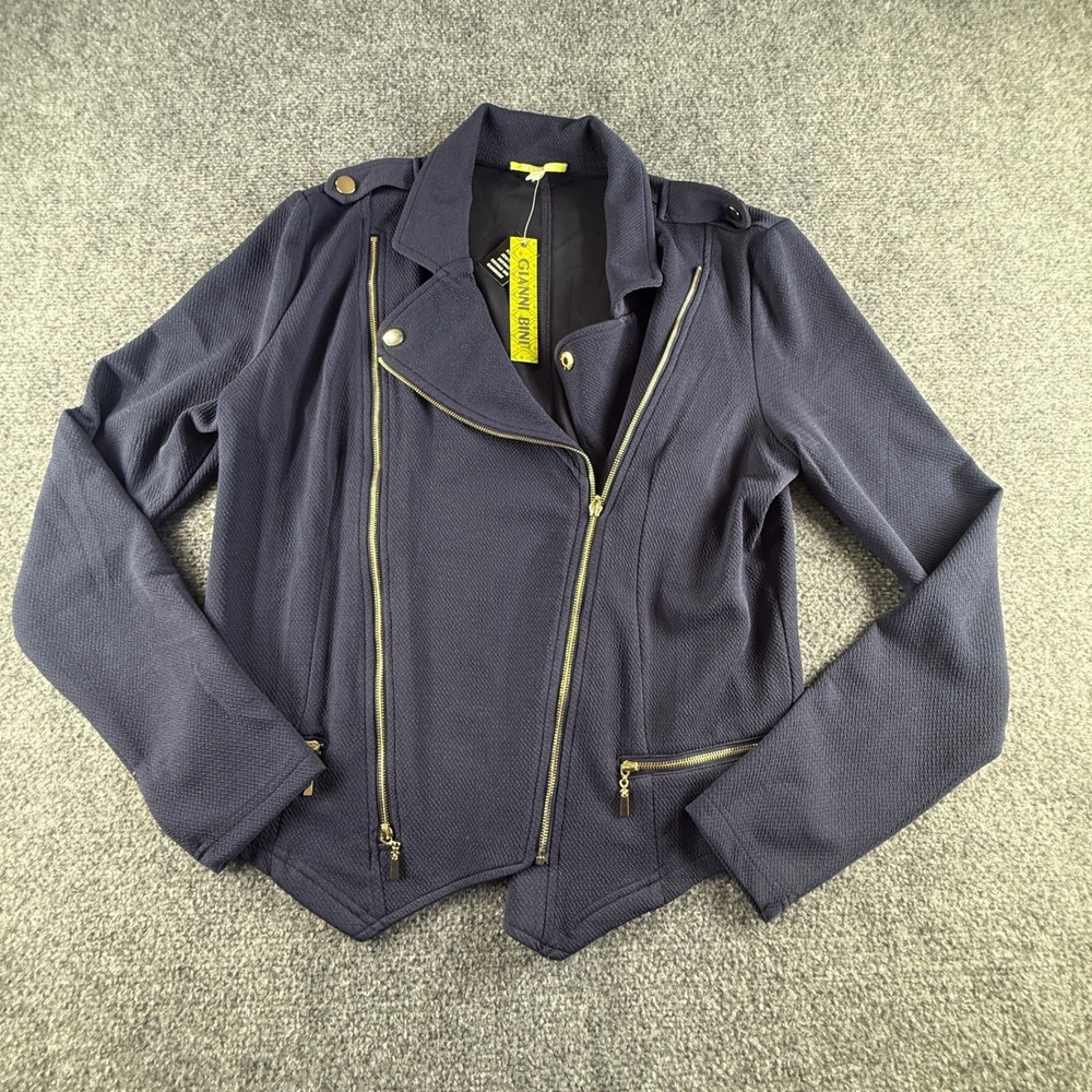 Gianni Bini Sophia Knit Moto Jacket Navy Stardust Textured Gold Zip Size L